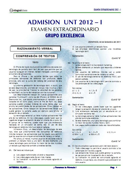 Admisión UNT 2012 - I Examen Extraordinario