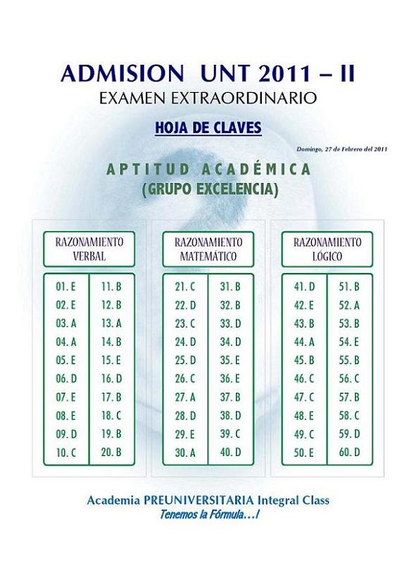 Admisión UNT 2011 -II Claves del Examen Extraordinario