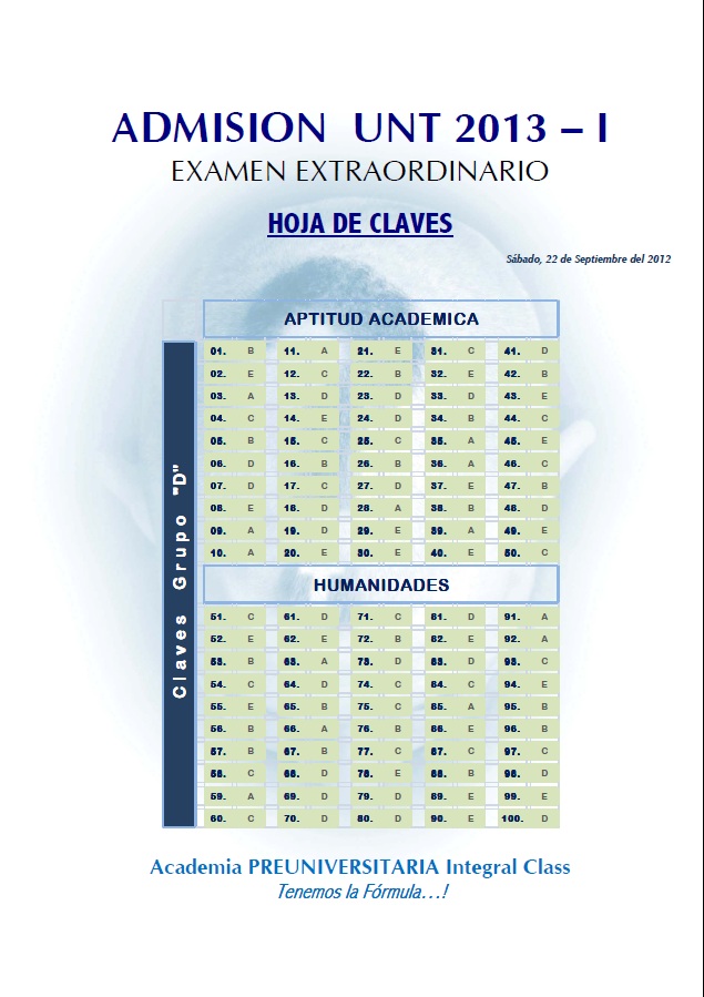 EXAMEN DE ADMISIÓN A LA UNT 2013 - I GRUPO 