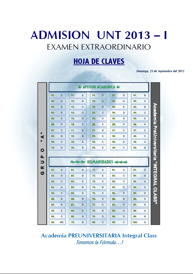 EXAMEN DE ADMISIÓN A LA UNT 2013 - I GRUPO 