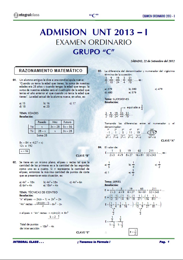 EXAMEN DE ADMISIÓN A LA UNT 2013 - I GRUPO 