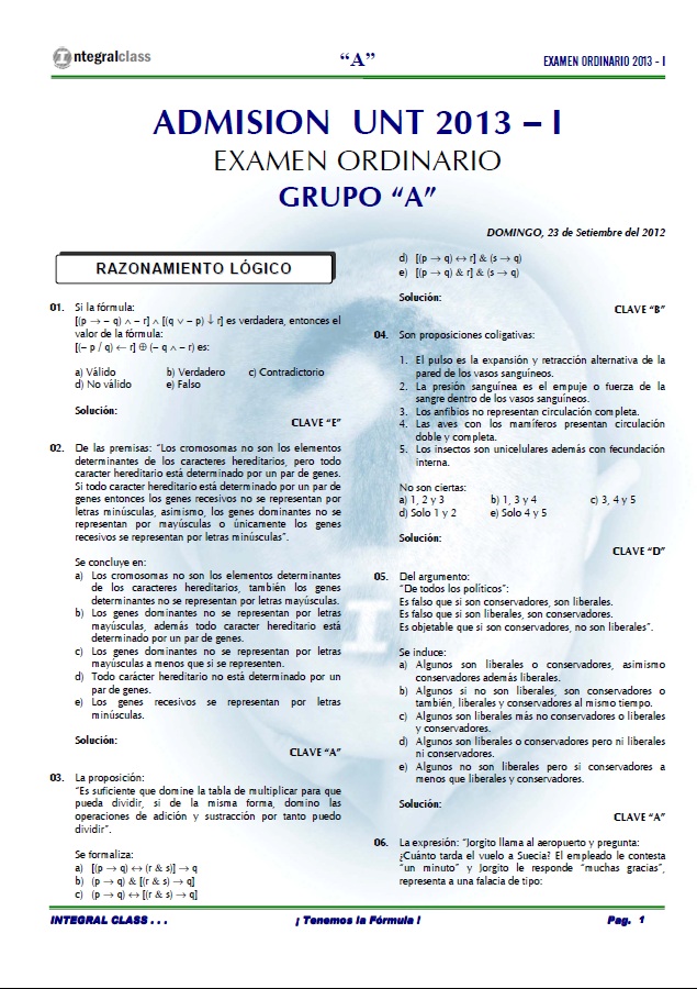 EXAMEN DE ADMISIÓN A LA UNT 2013 - I GRUPO 