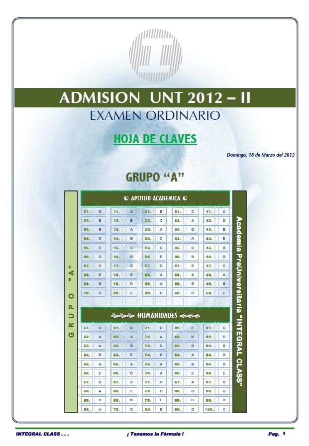 Claves Admisión UNT 2012-II Examen Ordinario Area A