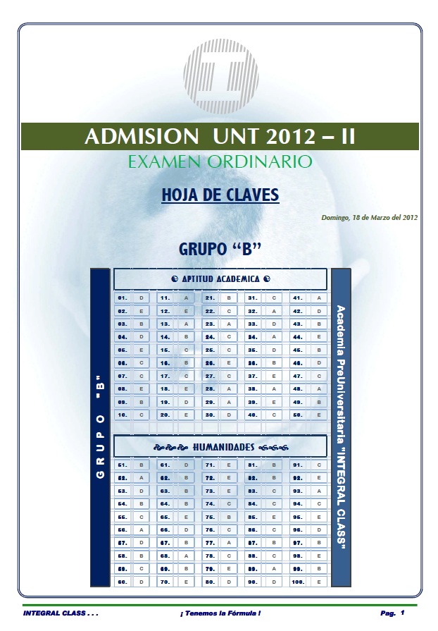 Claves Admisión UNT 2012-II Examen Ordinario Area B