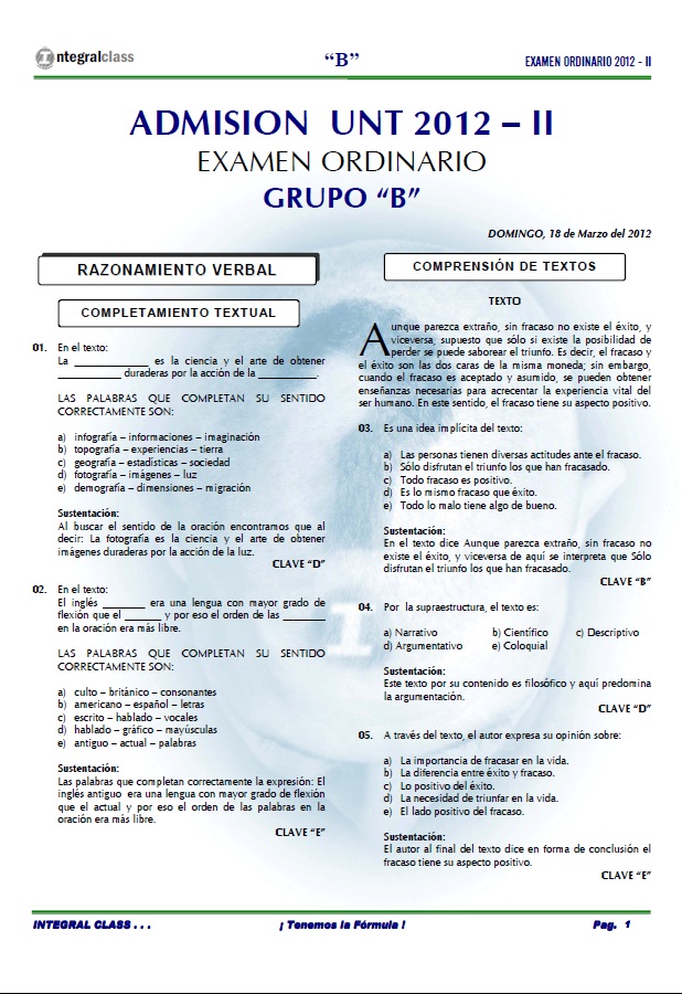 Admisión UNT 2012 -II Examen Ordinario Area B