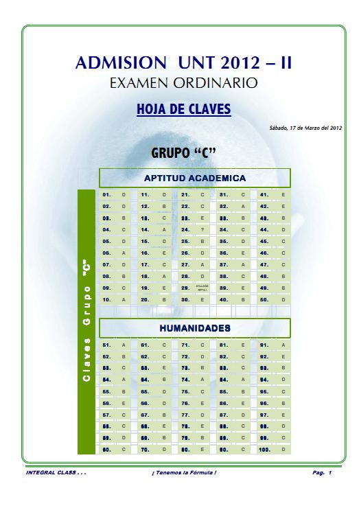 Claves Admisión UNT 2012-II Examen Ordinario Area C