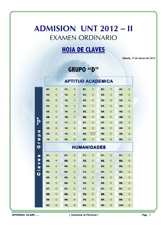 Claves Admisión UNT 2012-II Examen Ordinario Area D