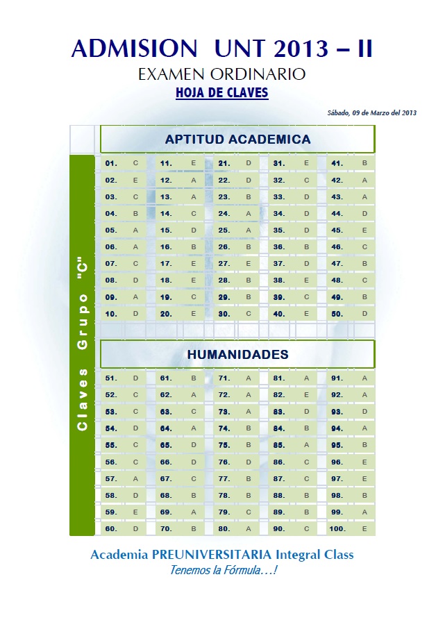 EXAMEN DE ADMISIÓN A LA UNT 2013 - II GRUPO C
