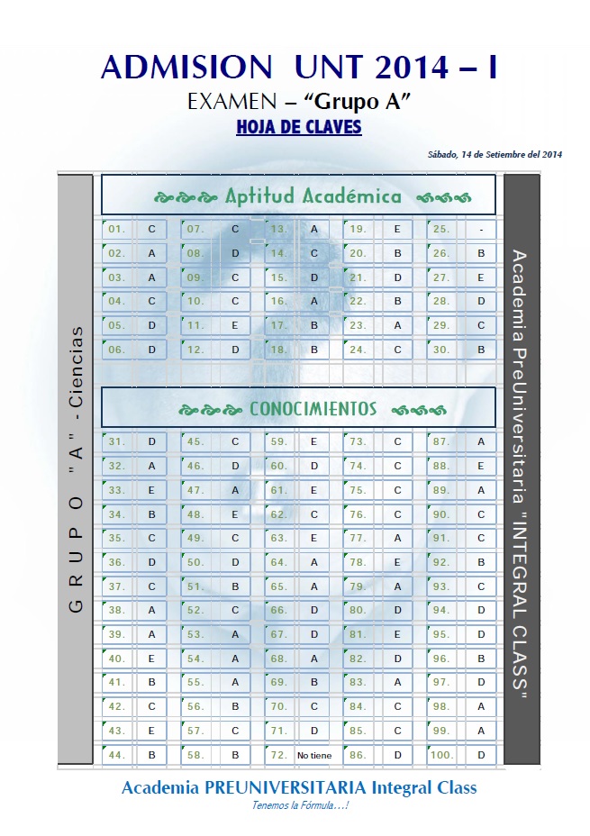 HOJA DE CLAVES EXAMEN DE ADMISIÓN A LA UNT 2014 - I ORDINARIO GRUPO A - CIENCIAS 