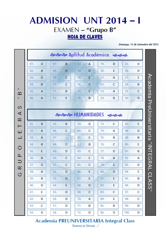 HOJA DE CLAVES EXAMEN DE ADMISIÓN A LA UNT 2014 - I ORDINARIO GRUPO B - LETRAS 