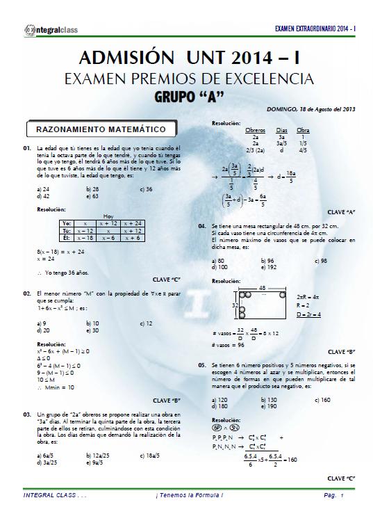 EXAMEN DE ADMISIÓN A LA UNT 2014 - I GRUPO A