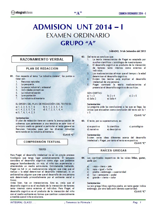 EXAMEN DE ADMISIÓN A LA UNT 2014 - I ORDINARIO GRUPO A - CIENCIAS 