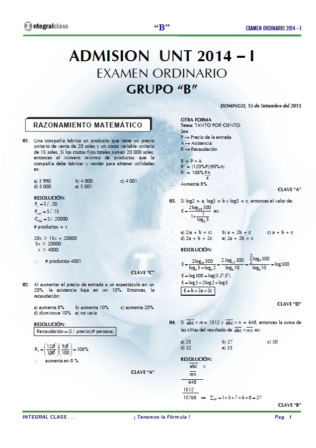 EXAMEN DE ADMISIÓN UNT 2014 - I ORDINARIO GRUPO B - LETRAS