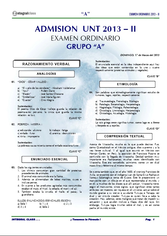 EXAMEN DE ADMISIÓN A LA UNT 2013 - II GRUPO A