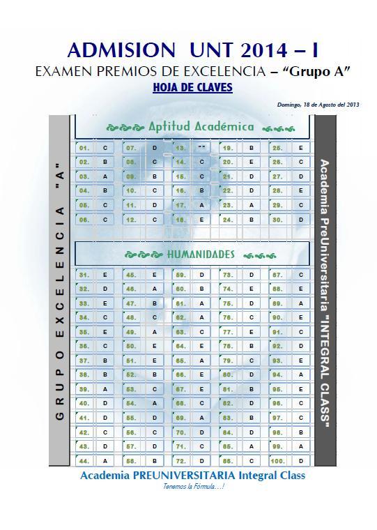 EXAMEN DE ADMISIÓN A LA UNT 2014 - I GRUPO A