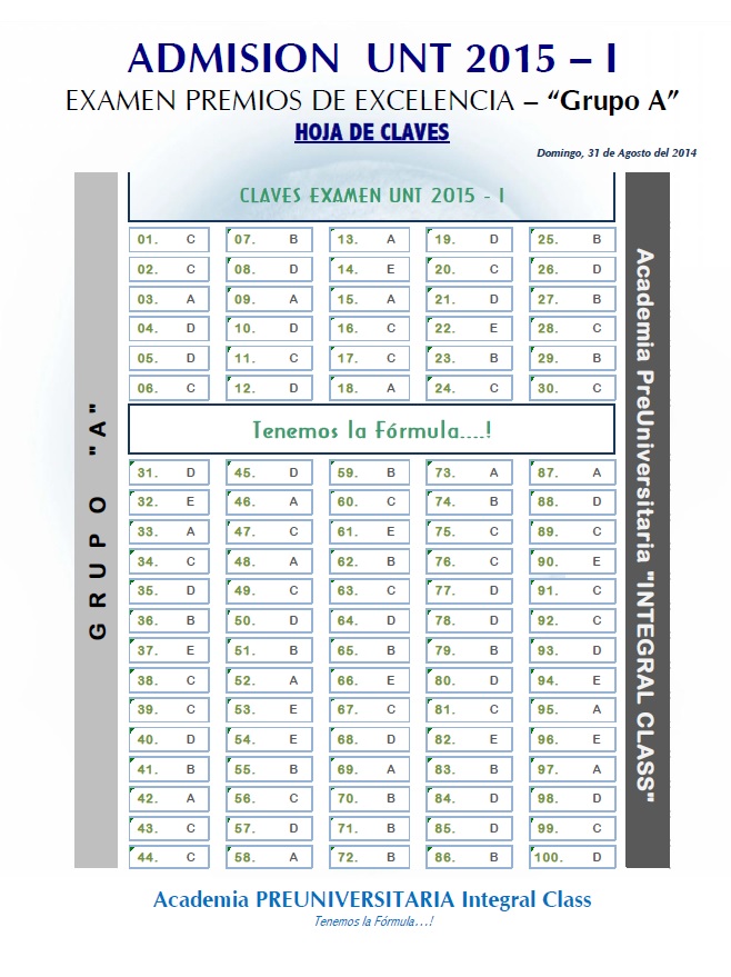  HOJA DE CLAVES EXAMEN DE ADMISIÓN PREMIOS DE EXCELENCIA UNT 2015 - I GRUPO A 