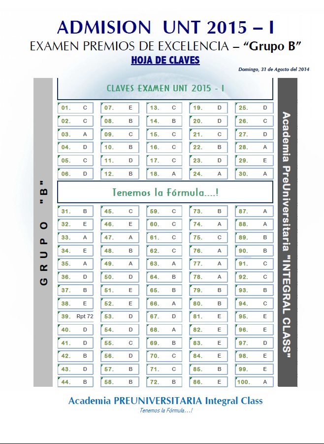  HOJA DE CLAVES EXAMEN DE ADMISIÓN PREMIOS DE EXCELENCIA UNT 2015 - I GRUPO B 