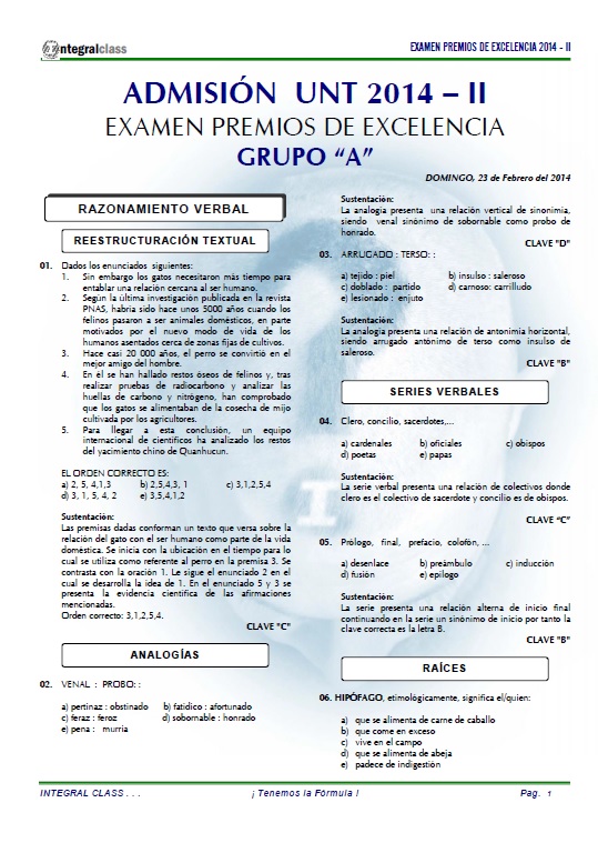  EXAMEN DE ADMISIÓN UNT 2014-II PREMIOS DE EXCELENCIA GRUPO A 