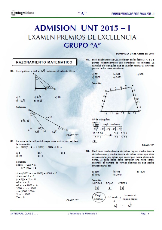  EXAMEN DE ADMISIÓN UNT - 2015-I PREMIOS DE EXCELENCIA GRUPO 