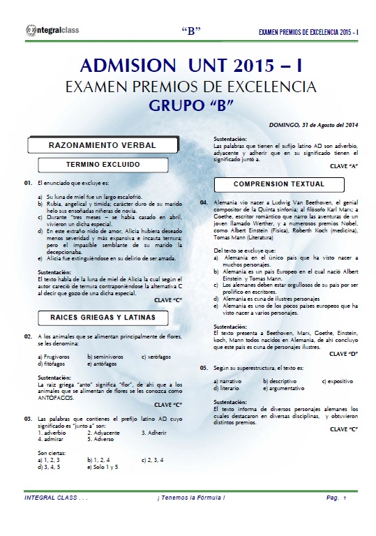 EXAMEN DE ADMISIÓN UNT - 2015-I PREMIOS DE EXCELENCIA GRUPO "B"