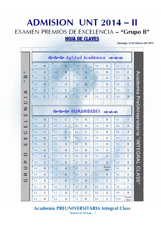  HOJA DE CLAVES EXAMEN DE ADMISIÓN PREMIOS DE EXCELENCIA UNT 2014 - II GRUPO B 