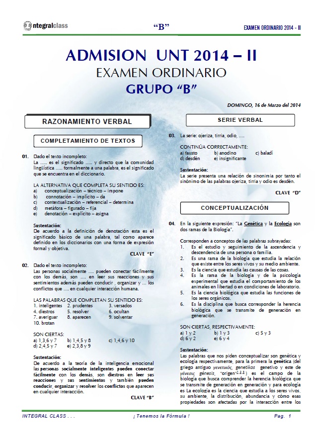  EXAMEN DE ADMISIÓN ORDINARIO GRUPO B UNT 2014-II 