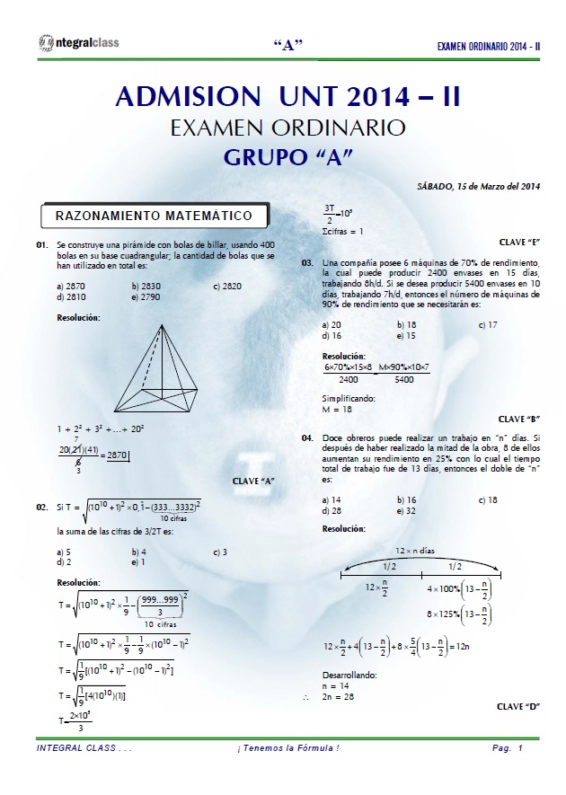  EXAMEN DE ADMISIÓN ORDINARIO GRUPO A UNT 2014-II 