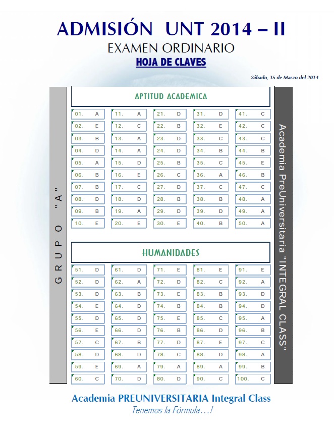  HOJA DE CLAVES EXAMEN DE ADMISIÓN ORDINARIO GRUPO A UNT 2014-II 