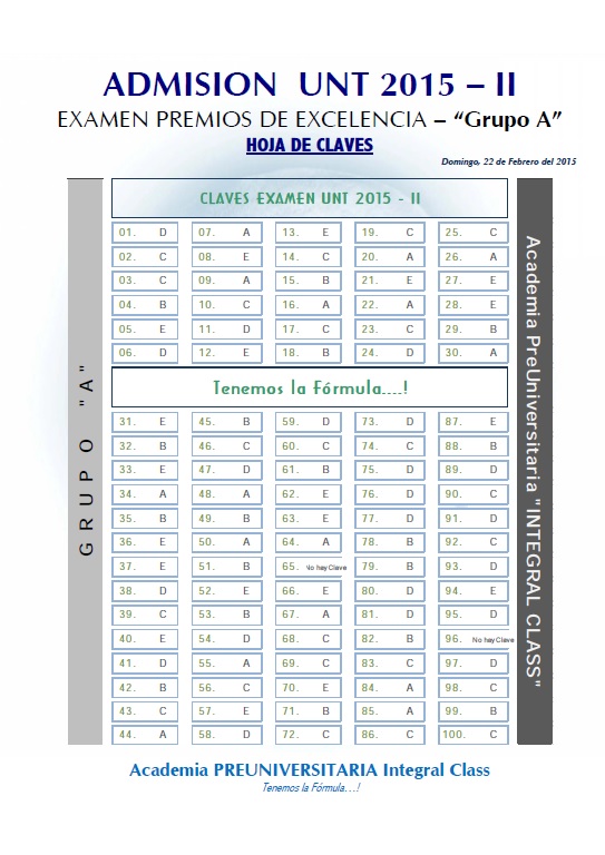  HOJA DE CLAVES EXAMEN DE ADMISIÓN PREMIOS DE EXCELENCIA UNT 2015 - II GRUPO A 