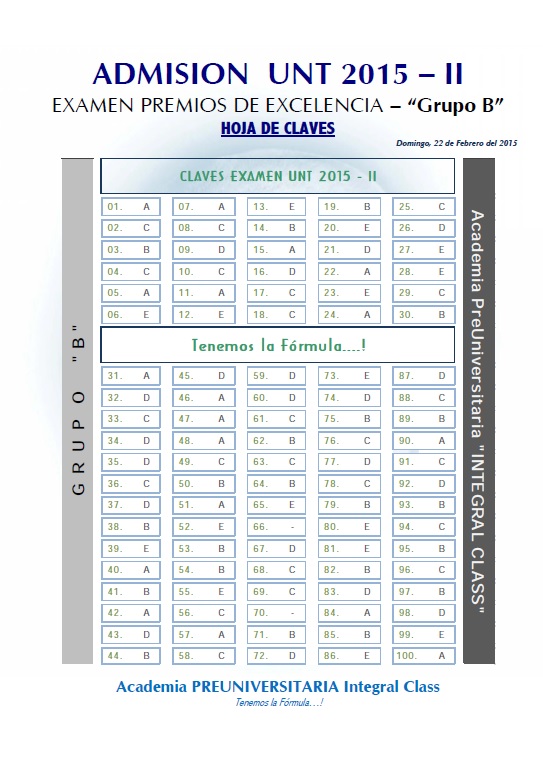  HOJA DE CLAVES EXAMEN DE ADMISIÓN PREMIOS DE EXCELENCIA UNT 2015 - II GRUPO B 