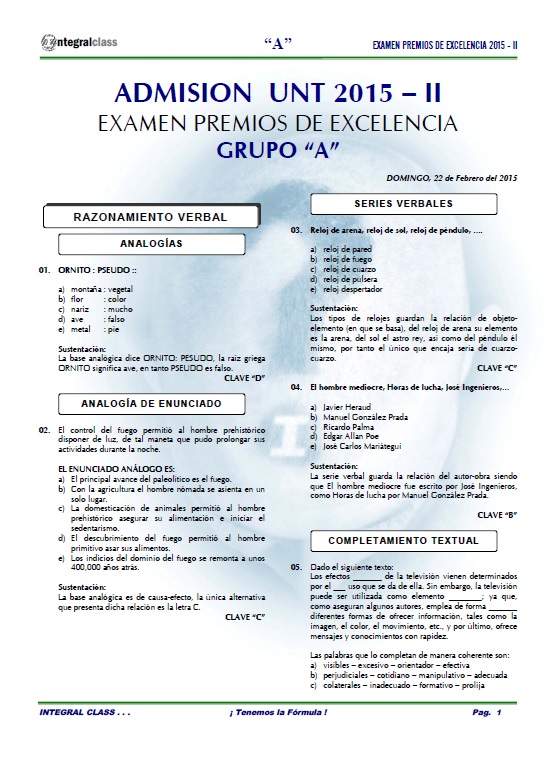  EXAMEN DE ADMISIÓN UNT - 2015-II PREMIOS DE EXCELENCIA GRUPO 