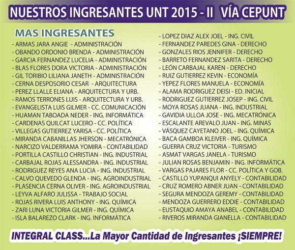  NUESTROS INGRESANTES UNT 2015 - II VÍA CEPUNT 