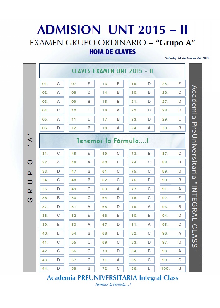  HOJA DE CLAVES EXAMEN DE ADMISIÓN ORDINARIO UNT 2015 - II GRUPO A 