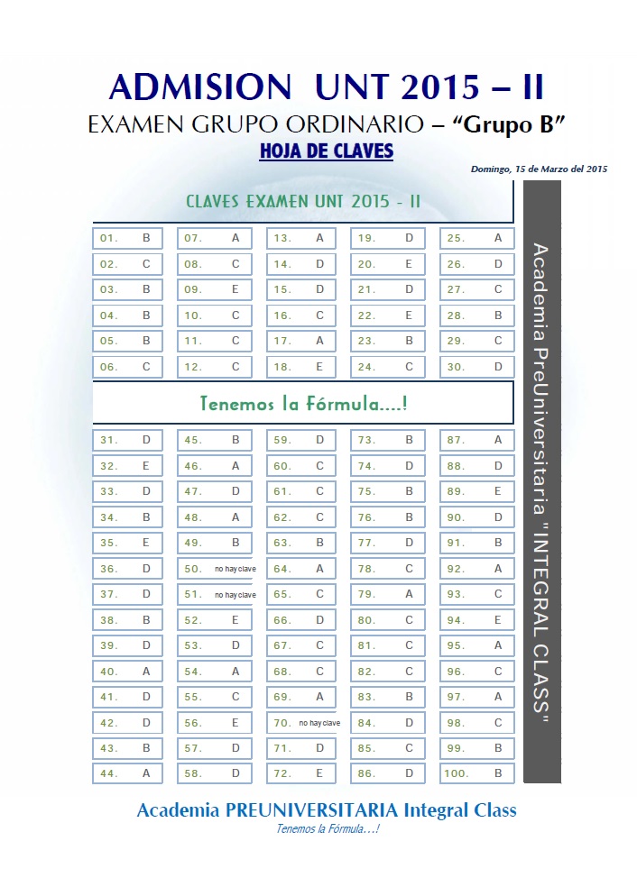  HOJA DE CLAVES EXAMEN DE ADMISIÓN ORDINARIO UNT 2015 - II GRUPO B 