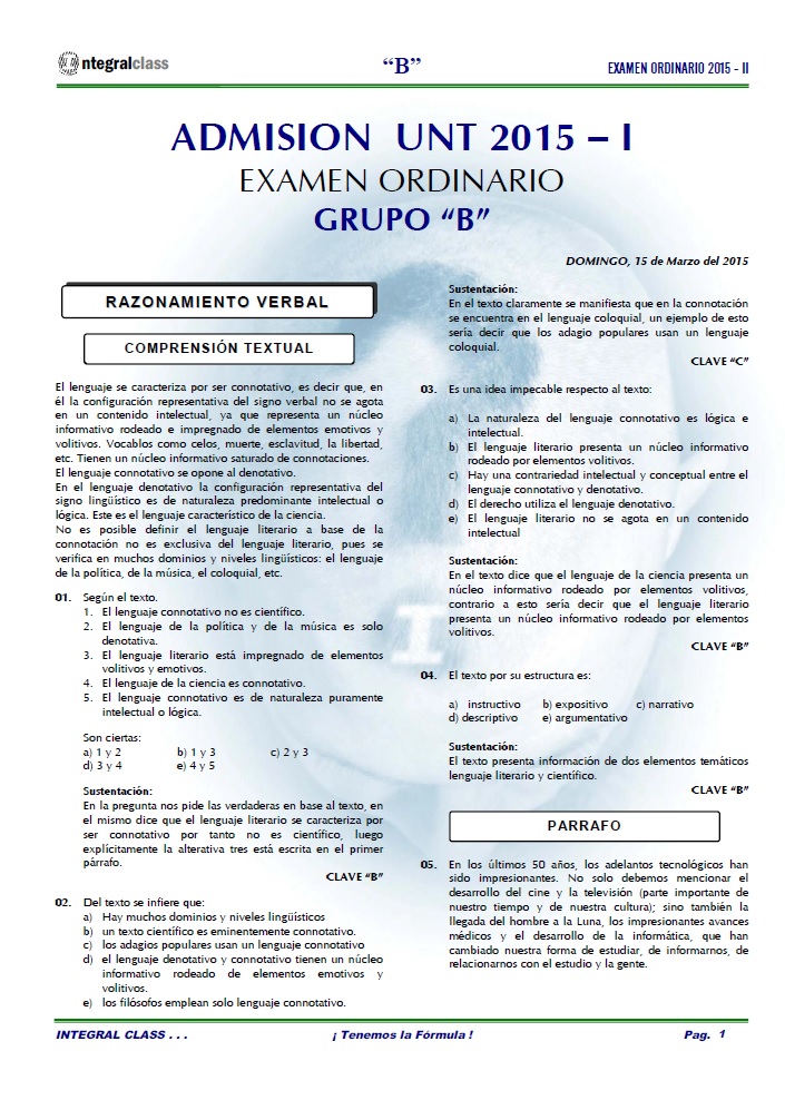  EXAMEN DE ADMISIÓN ORDINARIO UNT 2015 - II GRUPO B 