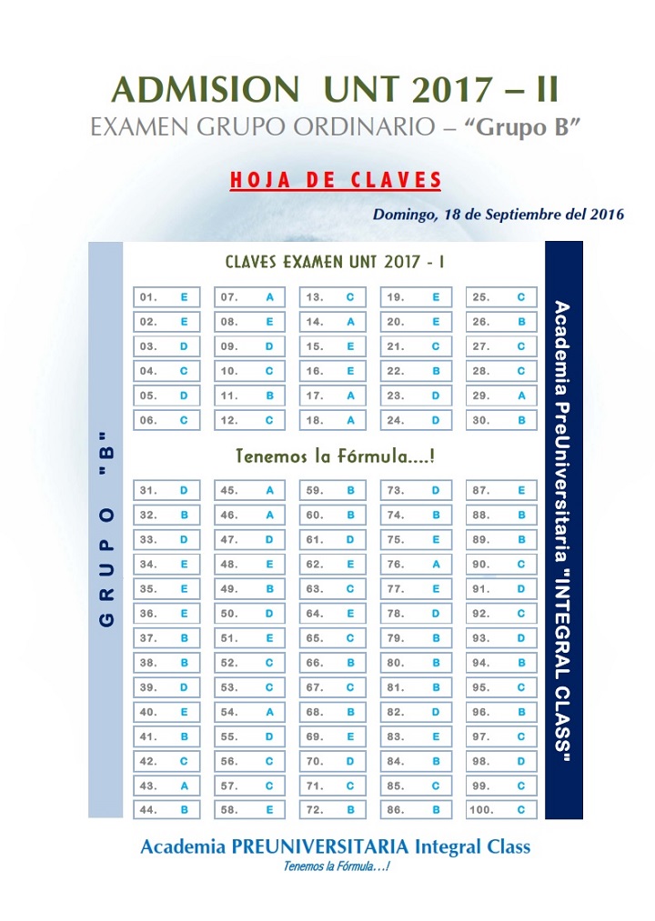  HOJA DE CLAVES EXAMEN ADMISIÓN PREMIOS EXCELENCIA UNT 2017-I GRUPO B 