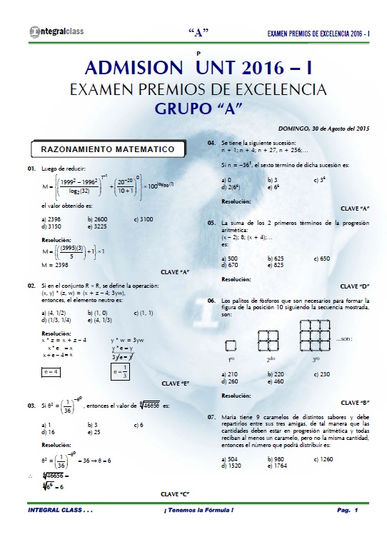  EXAMEN ADMISIÓN PREMIOS EXCELENCIA UNT 2016-I GRUPO A 