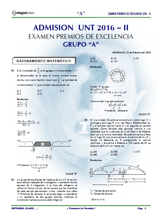  EXAMEN ADMISIÓN PREMIOS EXCELENCIA UNT 2016-II GRUPO A 