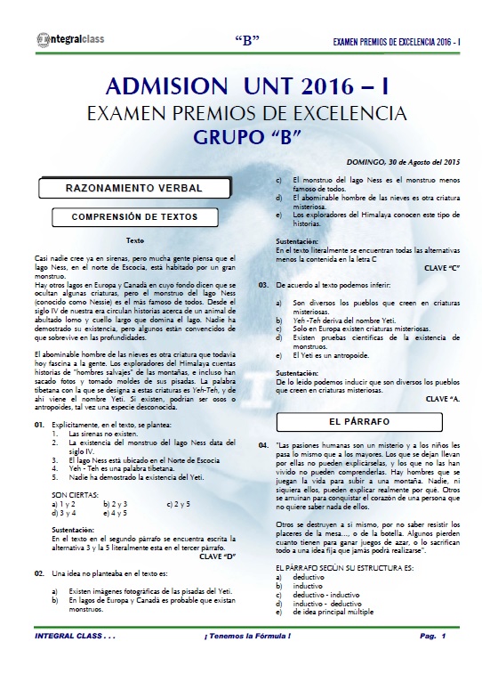  EXAMEN ADMISIÓN PREMIOS EXCELENCIA UNT 2016-I GRUPO B 