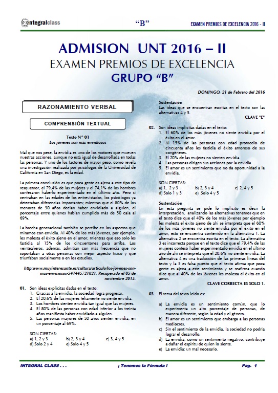  EXAMEN ADMISIÓN PREMIOS EXCELENCIA UNT 2016-II GRUPO B 