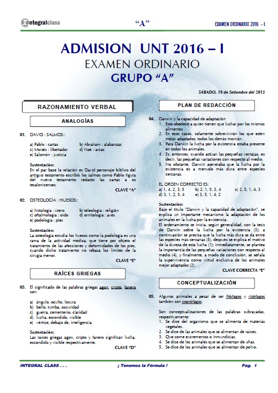  EXAMEN ADMISIÓN ORDINARIO UNT 2016-I GRUPO A 