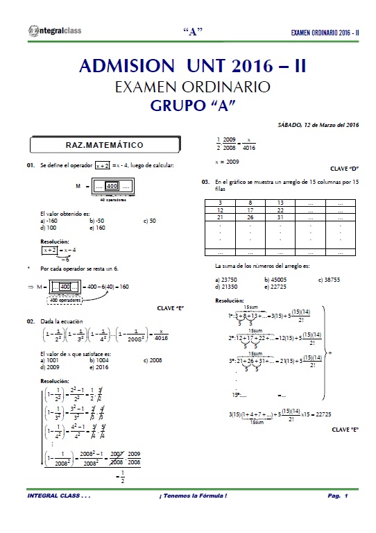  EXAMEN ADMISIÓN ORDINARIO UNT 2016-II GRUPO A 