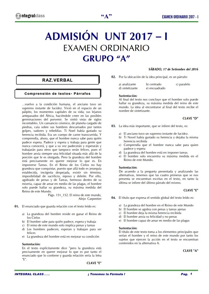  EXAMEN ADMISIÓN ORDINARIO UNT 2017-I GRUPO A 