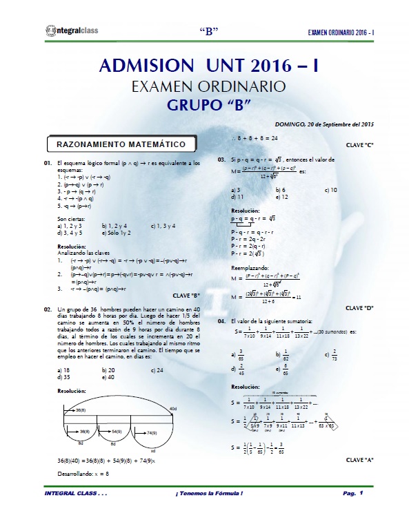  EXAMEN ADMISIÓN ORDINARIO UNT 2016-I GRUPO B 