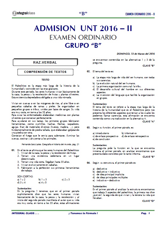 EXAMEN ADMISIÓN ORDINARIO UNT 2016-II GRUPO B