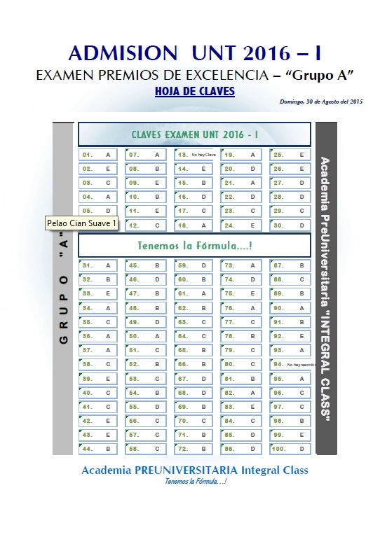 HOJA DE CLAVES EXAMEN ADMISIÓN PREMIOS EXCELENCIA UNT 2016-I GRUPO A