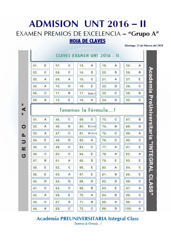  HOJA DE CLAVES EXAMEN ADMISIÓN PREMIOS EXCELENCIA UNT 2016-II GRUPO A 