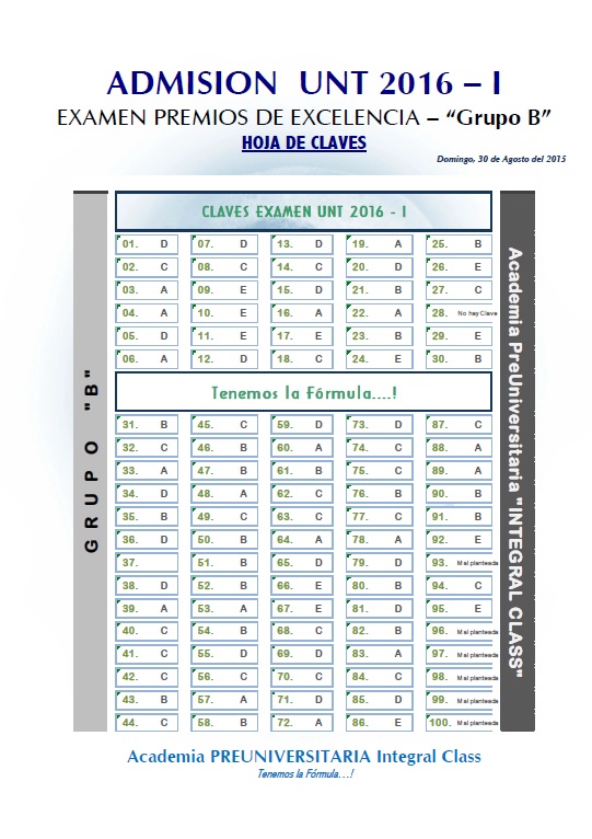  HOJA DE CLAVES EXAMEN ADMISIÓN PREMIOS EXCELENCIA UNT 2016-I GRUPO B 