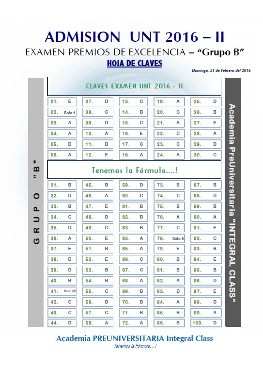  HOJA DE CLAVES EXAMEN ADMISIÓN PREMIOS EXCELENCIA UNT 2016-II GRUPO B 