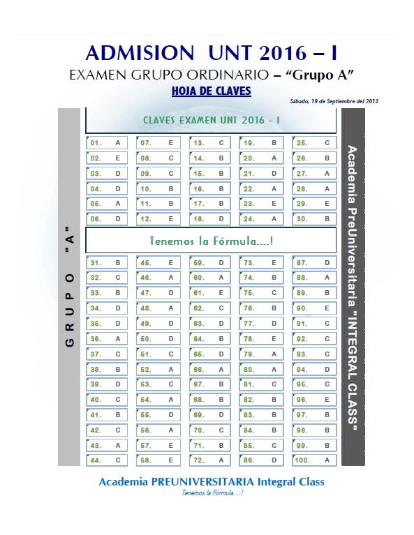  HOJA DE CLAVES EXAMEN ADMISIÓN ORDINARIO UNT 2016-I GRUPO A 